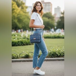 INZI Studded Denim Floral Shoulder Crossbody Hand Bag - Rock Stud Like